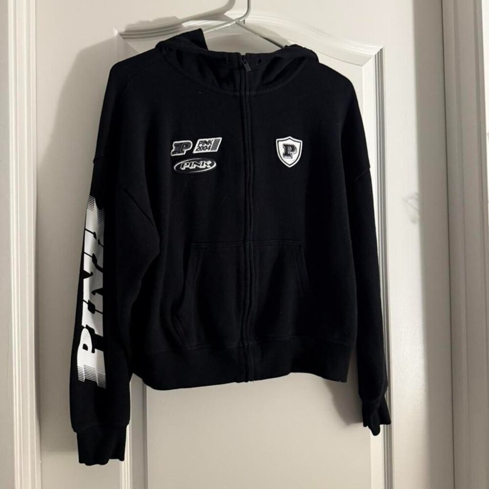 Victoria’s Secret PINK Y2K Black Zip Up Hoodie Small Racing Logo Graphic